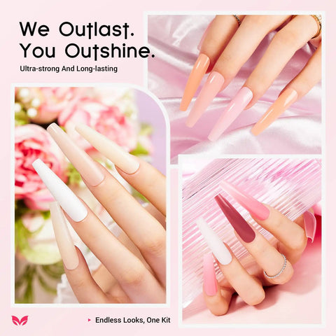 Manicured hands with various nail designs using All-In-One Poly Gel Nail Kit For Beginners With UV Lamp And Slip Solution.