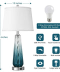 Teal Glass Table Lamp With USB A and C Ports, 3 Way Dimmable Touch Control Nightstand Light, white linen shade, 27.5 inch