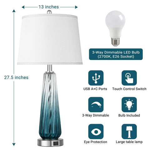 Teal Glass Table Lamp With USB A and C Ports, 3 Way Dimmable Touch Control Nightstand Light, white linen shade, 27.5 inch