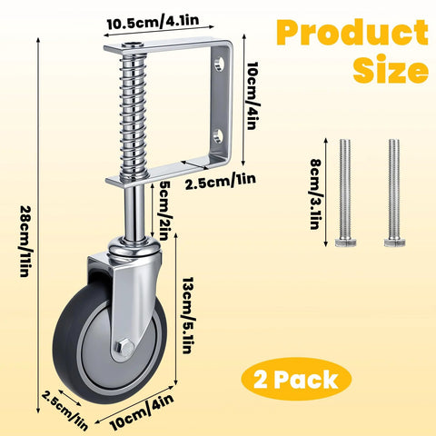 Heavy Duty Gate Wheel Spring Loaded Casters 4 Inch Sliding Gate Wheels set with size measurements and hardware included