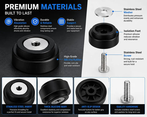 12 Pack Speaker Isolation Pads With Screws Rubber Feet For Bookshelf Speakers Studio Monitors Subwoofers And Turntables Reduces Vibration And Buzz Boosts Clarity Supports Up To 24 Lbs Per Pad with stainless steel components and high-grade silicone for vibration absorption.