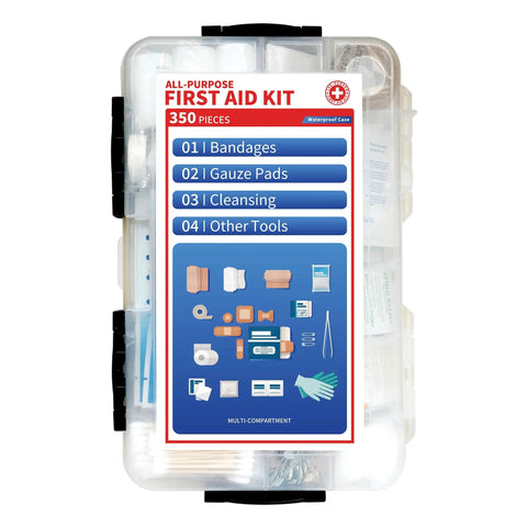 350 Piece All Purpose Emergency First Aid Kit With Waterproof Case for home, office, boat, travel, and car use, front view