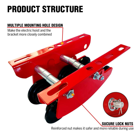 Heavy Duty 6 Wheel Manual Trolley for I-Beam 1 Ton Load, showing mounting hole design and secure lock nuts.