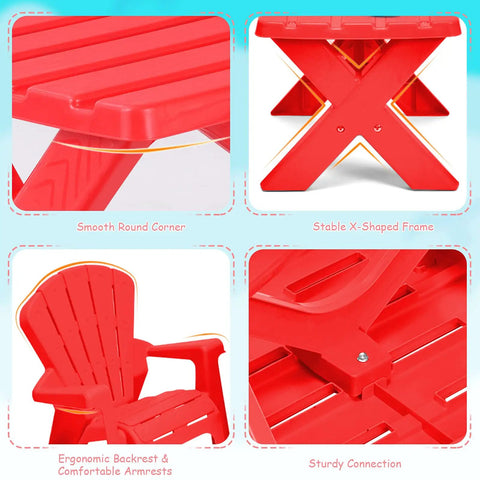 Close-up features of durable plastic kids table and chair set for outdoor fun with Adirondack style chairs safe non toxic materials
