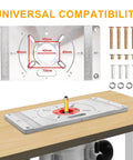 Rock Solid Workhorse Aluminum Router Table Insert Flip Plate with four red center rings, showing dimensions and compatibility.