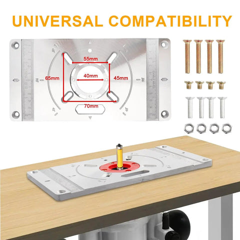 Rock Solid Workhorse Aluminum Router Table Insert Flip Plate with four red center rings, showing dimensions and compatibility.