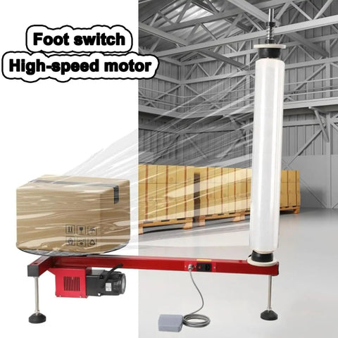 Electric Stretch Film Wrapping Machine Wrap Around Film Balers 15 7 Inch Turntable 30 Rpm High Speed Motor in warehouse with foot switch.