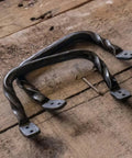 Hand Forged Rustic Steel Tray Handles Set Of 2 With Hammered Farmhouse Style for cutting boards, 4.5-inch darkened finish