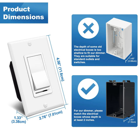 Two Pack Dimmable Light Switch For Single Pole Or 3 Way with size and depth information, white color with wall plate.