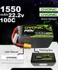 6S 22.2V 1550mAh LiPo Battery With XT60 Connector for RC FPV Racing Drones and Quadcopters, shown with brand stickers and manual