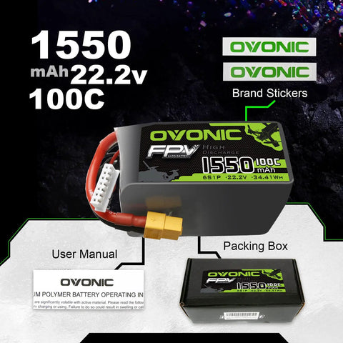 6S 22.2V 1550mAh LiPo Battery With XT60 Connector for RC FPV Racing Drones and Quadcopters, shown with brand stickers and manual