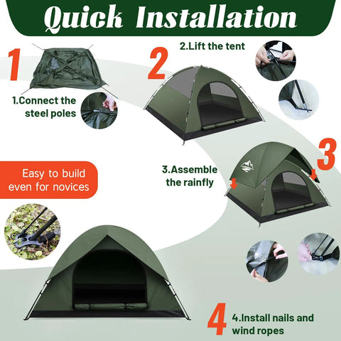 Quick installation steps for 2 To 3 Person Camping Tent With Rainfly Waterproof And Windproof Dome Shelter Easy Setup And Portable Double Layer Outdoor Tent For Backpacking Backyard Adventures Hiking And Quick Trips.