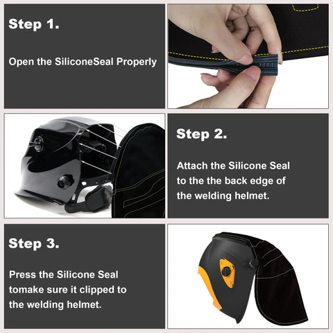 Steps showing how to attach Extended Welding Helmet Cover With Press Fit Seal That Cuts Glare And Adds Neck Protection Dope Fit For Lincoln Welding Helmets And Most Other Models Black