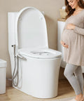 2 In 1 Bidet Attachment With Handheld Sprayer Ultra Slim Design shown on toilet next to pregnant woman