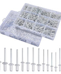 600 Or 1200 Piece Aluminum Pop Rivets Assortment Kit With 14 SAE Sizes Including 3/32 Inch, 1/8 Inch, 5/32 Inch, 3/16 Inch, Reinforced Divider And Labeled Case For Automotive DIY Projects And Repairs, open labeled case with assorted aluminum rivets visible.