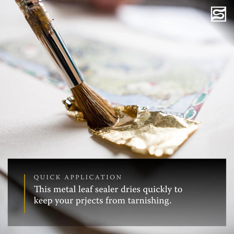 Speedball Mona Lisa metal leaf sealer being brushed onto gold leaf on artwork; clear, fast-drying, 2 oz