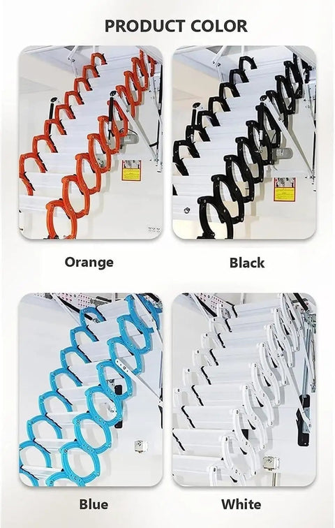 Electric Attic Ladder With Remote Control Pull Down Loft Stairway featuring tough titanium alloy steps in four colors: orange, black, blue, white.