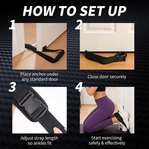 Door Mount Hamstring Curl Strap with Extra Large Foam Stopper and Thick Neoprene Padding setup instructions