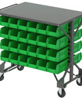 Heavy Duty Steel Mobile Bin Cart Organizer With Powder Coated Worktop For Kickass Garage Organization Setup 38 Inch Wide 24 Inch Deep 36 Inch Tall Gray Badass Rolling Utility Cart with green bins.