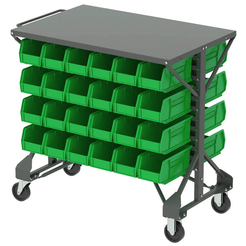 Heavy Duty Steel Mobile Bin Cart Organizer With Powder Coated Worktop For Kickass Garage Organization Setup 38 Inch Wide 24 Inch Deep 36 Inch Tall Gray Badass Rolling Utility Cart with green bins.