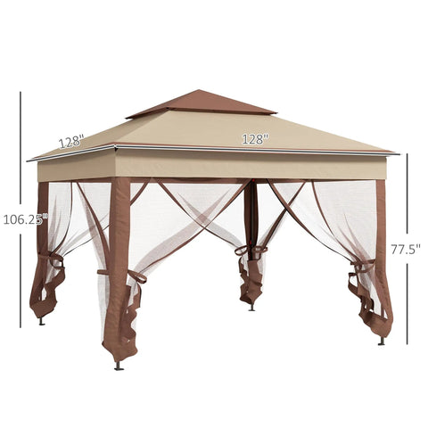 11x11 Pop Up Canopy Gazebo With Removable Screen Walls Instant Outdoor Shade Shelter For Backyard And Garden Portable Event Tent With Carry Bag Easy Setup Khaki, shown with dimensions and screen walls tied back.