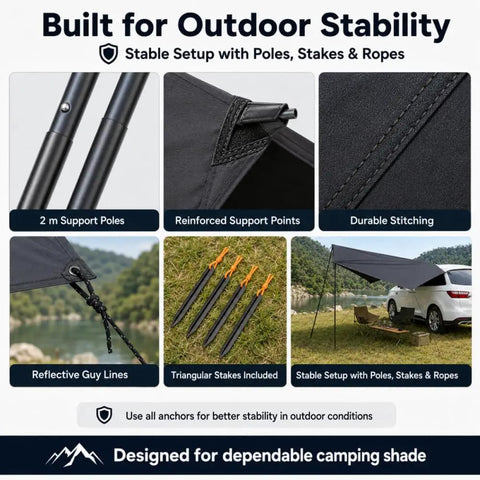 Portable Car Side Awning 210D Blackout Oxford Canopy Shelter Quick Suction Cup Setup With Heavy Pole Stake Kit showcasing support poles and stakes.