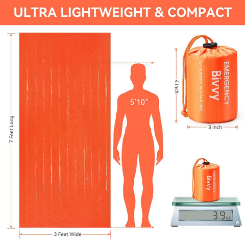 Emergency Sleeping Bag With Compass 2 Pack Portable Waterproof Bivy Sack Blankets Lightweight Survival Gear, dimensions and weight