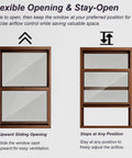 Heavy Duty Insulated Sliding Windows For Sheds Featuring Soundproof Tilt Glass And Warm Wood Grain Finish Smooth Flush Mount Replacement Dead Quiet Workshop Zero Sweat Setup showcasing flexible sliding opening and stay-open design.