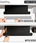 Under Desk Cable Management Tray No Drill Wire Organizer For Standing Desk, adhesive tape and screw installation options shown
