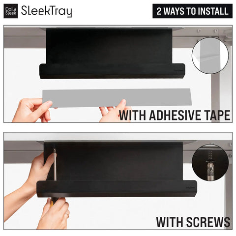 Under Desk Cable Management Tray No Drill Wire Organizer For Standing Desk, adhesive tape and screw installation options shown
