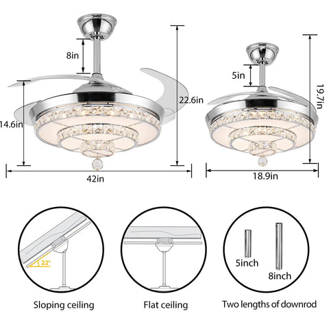 Diagram of 42 Inch Fandelier Ceiling Fan Chandelier With Light Dope Remote Control dimensions and mounting options.