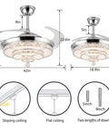 Crystal Chandelier Ceiling Fan With Light 42 Inch LED Stepless Dimmable Fandelier with Retractable Blades, dimensions shown.