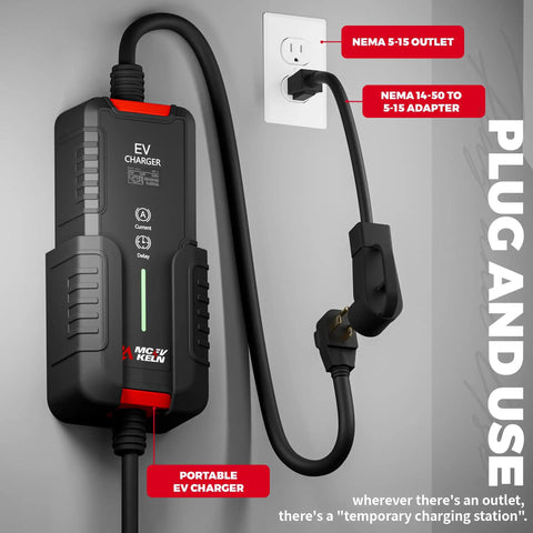 Fast Level 2 40 Amp Portable EV Charger With 25 Foot Cable NEMA 14-50P Plug And 5-15P Adapter plugged into wall outlet