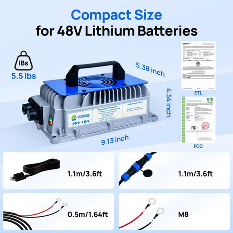 High Voltage 58 Point 4V 18Amp Lithium Ion Battery Charger with blue handle and cables, suitable for golf carts and trolling motors.