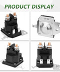 Starter solenoid front view; black plastic body with two copper terminal posts and mounting tab
Starter solenoid side view; compact black housing with mounting flange
Starter solenoid close-up; copper terminal posts and nuts on black block
Starter solenoid installed on mower bracket; shows terminals and mounting plate