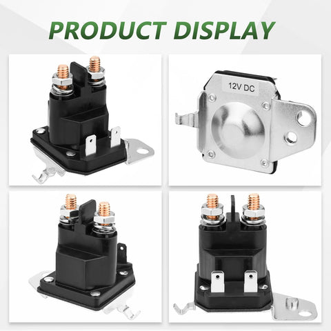 Starter solenoid front view; black plastic body with two copper terminal posts and mounting tab
Starter solenoid side view; compact black housing with mounting flange
Starter solenoid close-up; copper terminal posts and nuts on black block
Starter solenoid installed on mower bracket; shows terminals and mounting plate