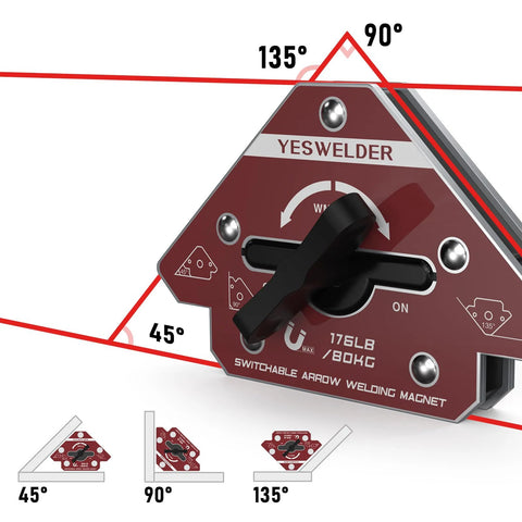 YesWelder switchable welding magnet; triangular red holding magnet with 176 lb pull and on/off arrow switch.