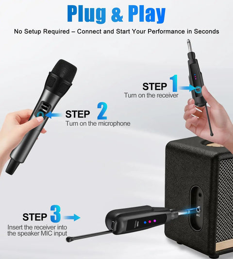 Setup instructions for Ultra Long Range Wireless Microphone System With 262Ft Stable Transmission And 40Hour Battery, red and black
