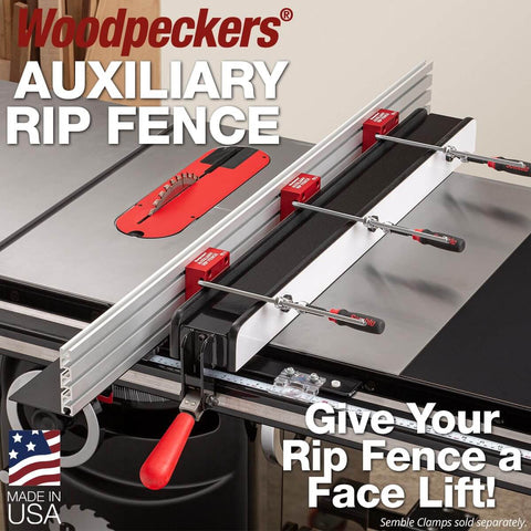 Auxiliary Rip Fence 48 Inch Table Saw Extension For Infeed Or Outfeed Material Support With Built In T Track Slots And Sliding Clamping Blocks Pro Grade USA Made ARF 48 installed on table saw.