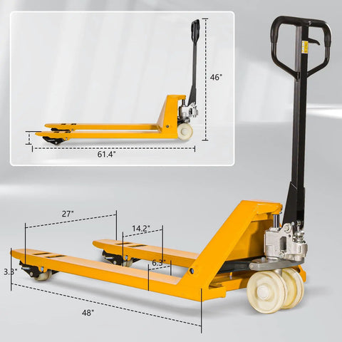 Heavy Duty Manual Pallet Jack Truck 6600 Lbs Capacity with measured dimensions for warehouse use.