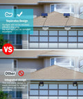 Comparison of split solar panel outdoor light with 106 LED motion sensor IP65 waterproof on a garage vs integrated design on a house