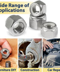Three Eighths Inch 16 Thread Nylon Insert Lock Nuts Pack Of 35 In 304 Stainless Steel A2-70 Nylock Nuts shown with applications in DIY, construction, car repair.