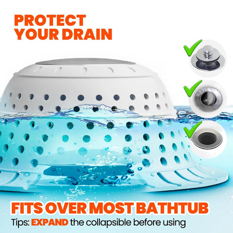 Universal Silicone Bathtub Drain Strainer With Tall Dome Design For Quick Shower Hair Catcher And Jewelry Protection No Sweat Setup Fits Standard US Sizes Like A Glove And Keeps Your Drains Clear, shown over water.