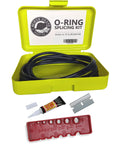 O Ring Splicing Kit With Buna N Cord, 70A Durometer, Black in storage box, includes cords, adhesive, razor, and gauge tool