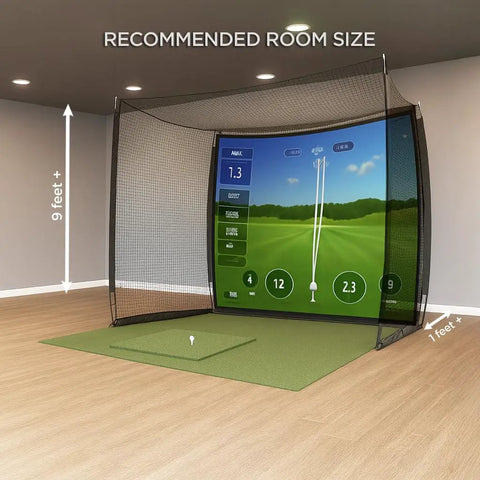 Indoor Golf Cage With Impact Screen And Side Enclosure, Top Net, Full Swing Practice Cage For Home Use in a room setup