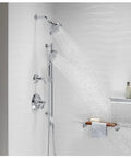 Modern bathroom with dual shower heads and Bancroft Wall Mount Supply Elbow With Check Valve Backflow Prevention, Solid Brass Construction.