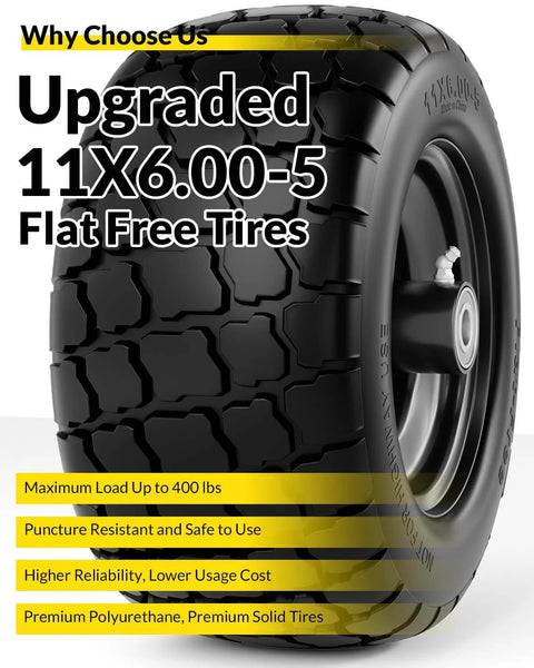 Flat Free Lawn Mower Tire and Wheel Set 11 By 6.00 By 5 Front Solid Tires for Zero Turn Mowers, Heavy Duty 400 Lb Load, side view