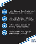 Infographic with benefits of Black Panther Flying Toy Helicopter With Motion Sensor For Kids Ages Six And Up Wakanda Inspired Drone
