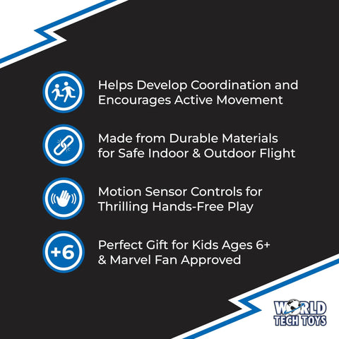 Infographic with benefits of Black Panther Flying Toy Helicopter With Motion Sensor For Kids Ages Six And Up Wakanda Inspired Drone