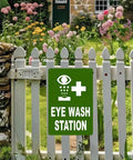 8x12 Inch Eye Wash Station Sign on a Fence, Green Background, White Graphic, Industrial Workplace Safety Marker, Weatherproof Aluminum